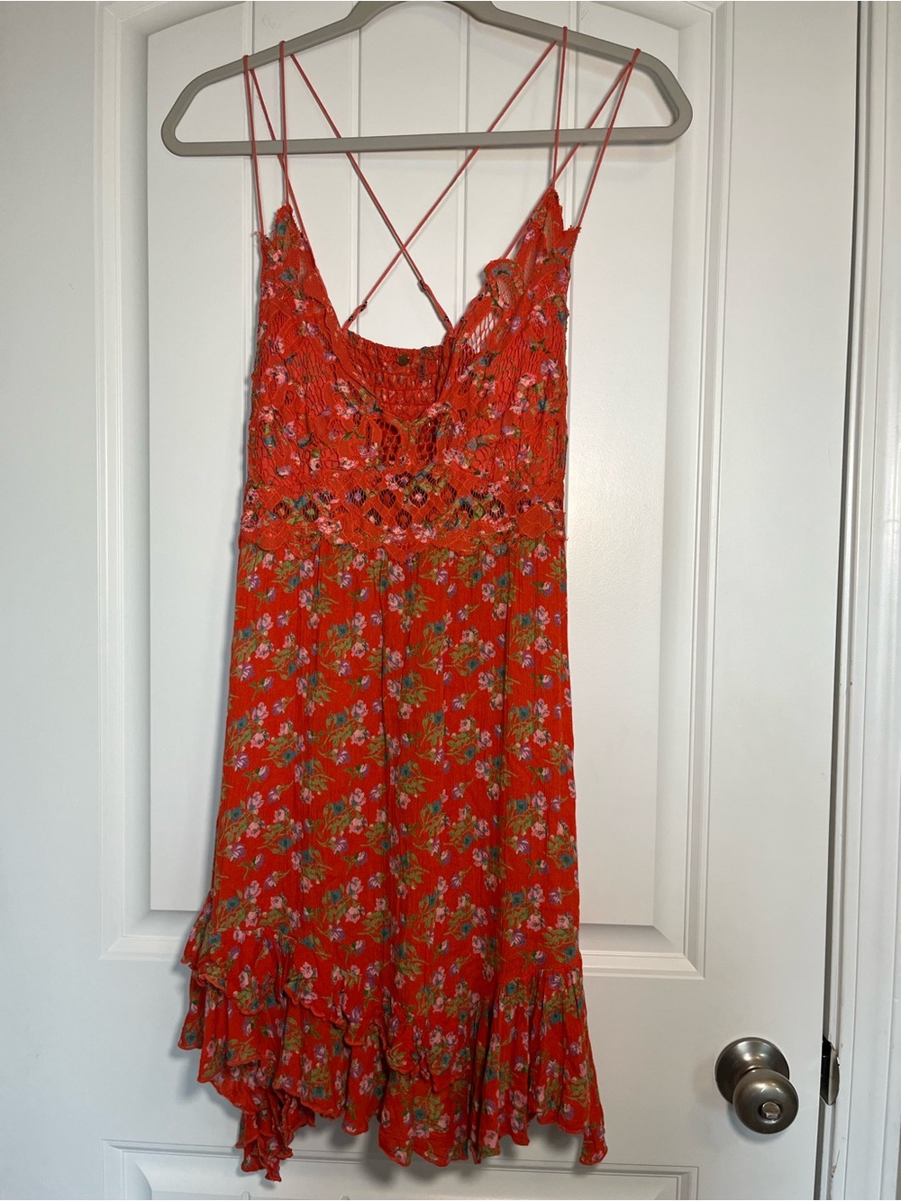 Free People Orange Floral Smocked Midi Dress with Crisscross Straps